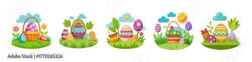 Cute cartoon easter eggs hunt scene with whimsical characters and nature elements