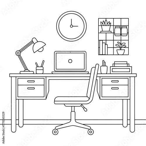 A clean and modern home office workspace coloring page 