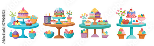 Sweet easter treats display colorful desserts on tables and trays