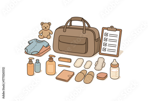 hospital bag packing preparation for birth and organized checklist flat vector illustration style isolated on white background