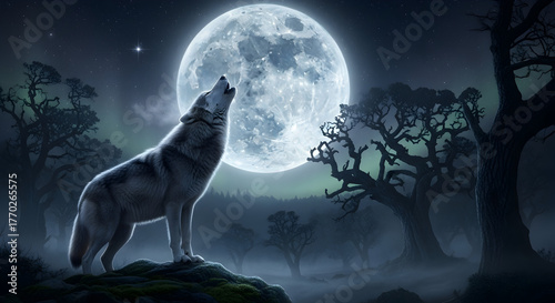 Wolf Howling at Full Moon in Spooky Forest at Night with Mysterious Atmosphere