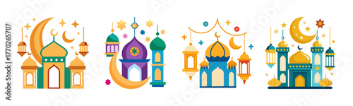 Vibrant islamic decorations eid mubarak crescent moon lanterns mosques celebration