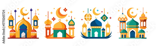 Colorful eid decorations featuring mosques lanterns and crescent moons