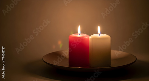 Elegant Red Candle Burning on a Plate with Dark Background for Romantic and Cozy Settings