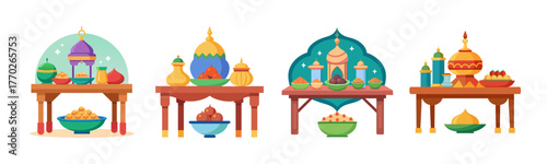 Vibrant eid feast table decorations with islamic lanterns and fruits