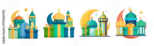Colorful eid gifts and mosques collection simple artistic representation