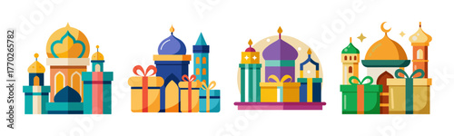 Colorful eid gifts and mosques festive celebration art