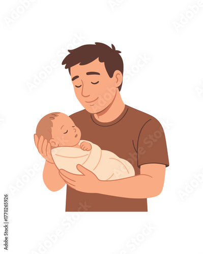 father holding newborn emotional connection and early parenthood flat vector illustration style isolated on white background