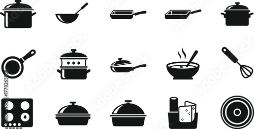 Kitchen utensil icons, cookware silhouettes, frying pan, baking dish, whisk, stove, pot, bowl, black vector set, culinary tools