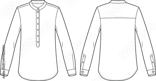 Long sleeve shirt fashion flat, band collar, partial placket, button cuffs, curved hem, technical sketch, front back view, garment construction