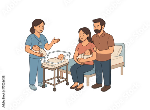 maternity ward newborn care education and early parent training flat vector illustration style isolated on white background