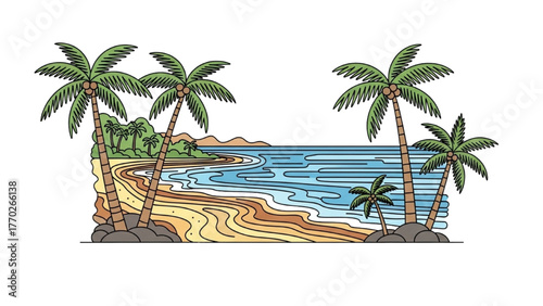 Calm seaside with waves, palm trees, and sand, colorful black outline realistic art, continuous flowing lines, minimalist beach vector on white background