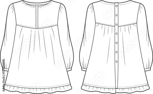 Long sleeve dress fashion flat, gathered yoke, ruffled hem, button back, round neckline, technical sketch, front back view
