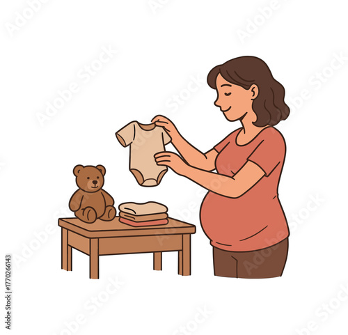 mother preparing baby clothes nesting instinct and joyful anticipation flat vector illustration style isolated on white background