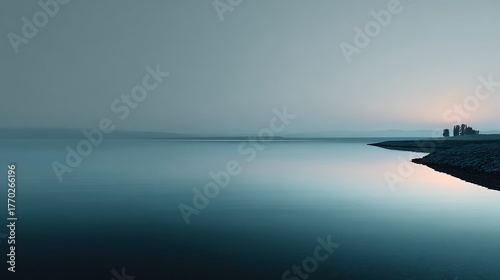Tranquil early dawn scene with soft gray sky reflecting on still lake surface, creating a clean minimalist and calm composition filled with peaceful light and refined serene atmosphere.