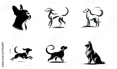 Dog breed silhouettes in black ink style collection