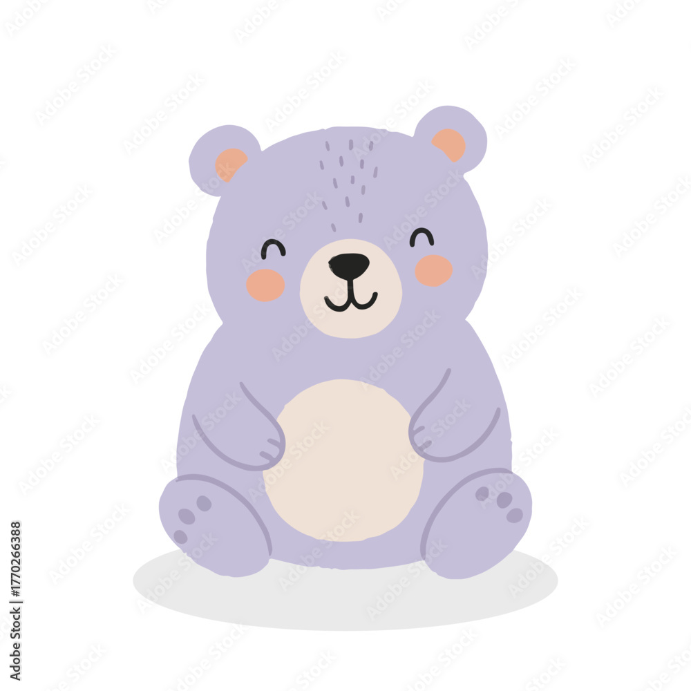 Fototapeta premium A cute, plump, light purple teddy bear sitting down with its eyes closed and a smile.