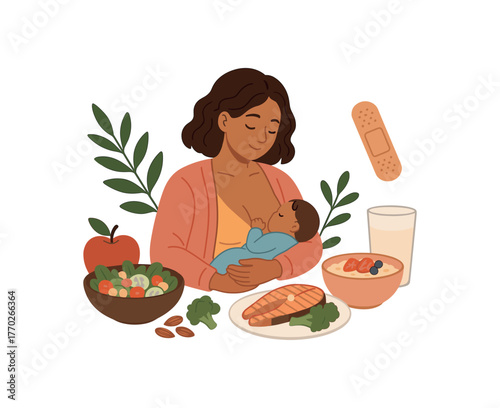postpartum nutrition healthy meals and healing support flat vector illustration style isolated on white background