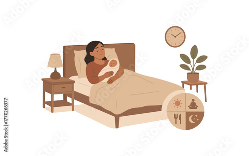 postpartum rest cozy bedroom and balanced daily routine flat vector illustration style isolated on white background