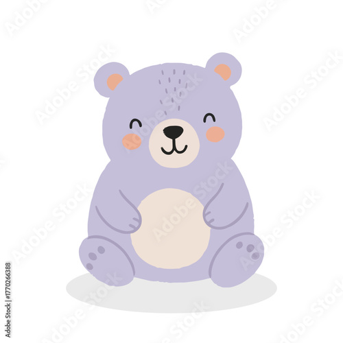 A cute, plump, light purple teddy bear sitting down with its eyes closed and a smile.