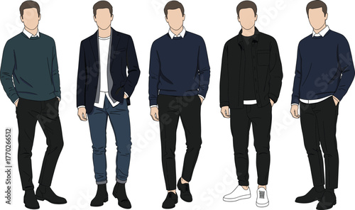 Men’s fashion illustration, casual outfits, semi-formal style, modern clothing, male figures, vector art, neutral tones, stylish poses, jacket design, sweater look, fashion icons, black and white,