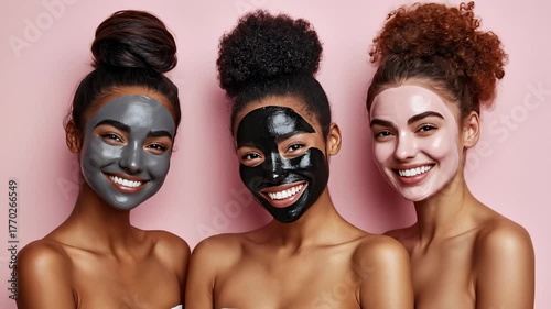 Three Beautiful Women Smiling Wearing Facial Masks in Spa Setting