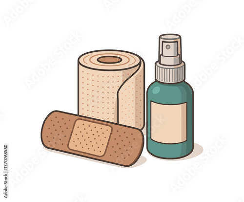 bandage and antiseptic wound care and basic first aid flat vector illustration style isolated on white background