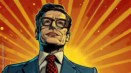 Retro pop art businessman in glasses and a suit, standing in front of a dramatic orange sunburst background. . Generative ai vector colorful illustration.