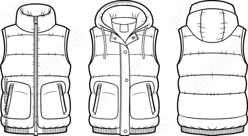 Padded vest fashion flat, hooded and collar version, technical sketch, flap pockets, ribbed hem, front back view, garment construction
