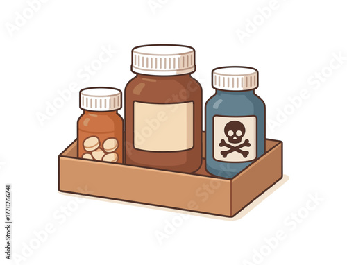 childproof medicine bottles safe storage and poison prevention flat vector illustration style isolated on white background
