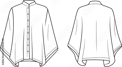 Poncho top fashion flat, high collar, button front, curved hem, wide sleeves, technical sketch, front back view, garment construction