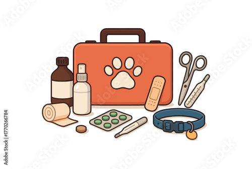 pet first aid kit home care and animal safety essentials flat vector illustration style isolated on white background