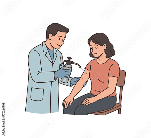 dermatologist performing cryotherapy removal of skin lesion and medical care flat vector illustration style isolated on white background