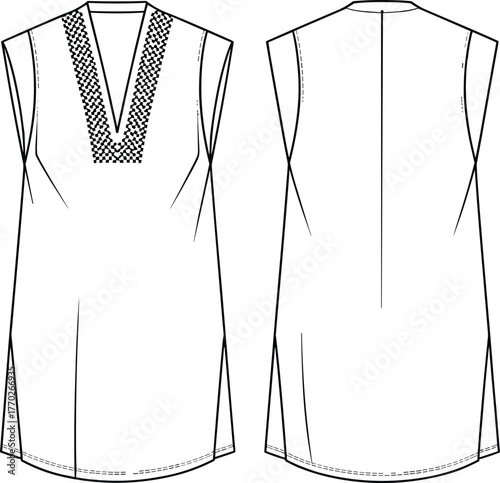 Sleeveless tunic fashion flat, deep V-neck top, embroidered panel, side slits, curved hem, technical sketch, front back view