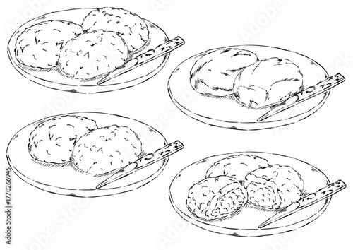 皿にのせたぼた餅4種　鉛筆　