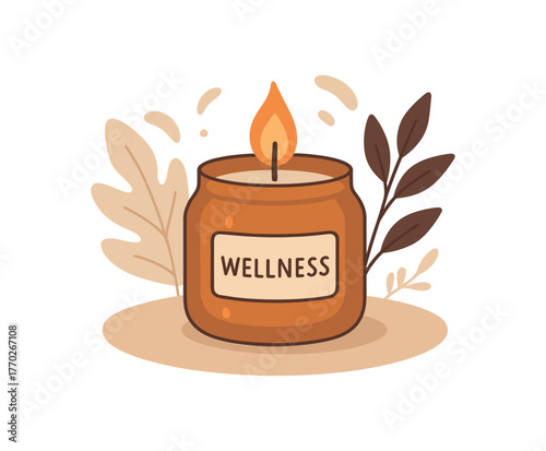 wellness candle cozy atmosphere and mindful relaxation flat vector illustration style isolated on white background