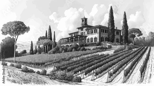 hillside vineyard with a grand Tuscan-style estate surrounded by cypress trees and cultivated grapevines . Generative ai vector colorful illustration.