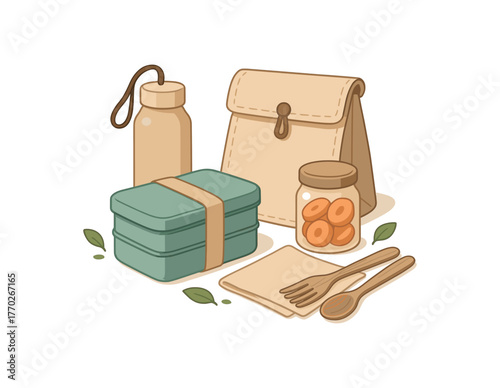 zero waste lunch kit reusable containers and eco lunch habits flat vector illustration style isolated on white background