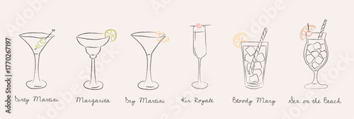 Set of six classic cocktails drawn in retro doodle style. Martini, margarita, kir royale, bloody mary and sex on the beach. Minimal hand-drawn bar drink illustration. Vector illustration.