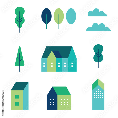 Simple minimalist geometric flat style city landscape elements. Buildings and trees. Stock illustrations