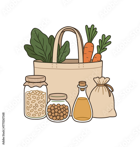 zero waste grocery tote bulk shopping and packaging free lifestyle flat vector illustration style isolated on white background