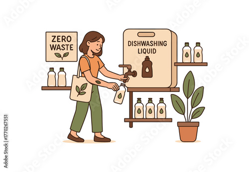 zero contain dishwashing liquid refill shop and eco friendly lifestyle flat vector illustration style isolated on white background