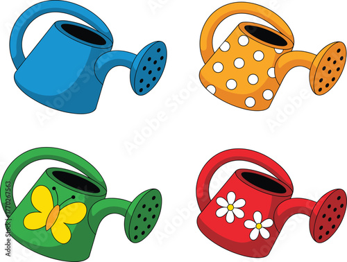 Colorful watering cans vector set, garden tools illustration, decorative floral and butterfly designs, isolated icons for spring, summer, farming, and gardening themes