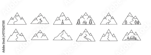 High contrast mountain vectors icon for colouring sheet design. Two mountain icons one filled black and one outline,vector illustration.