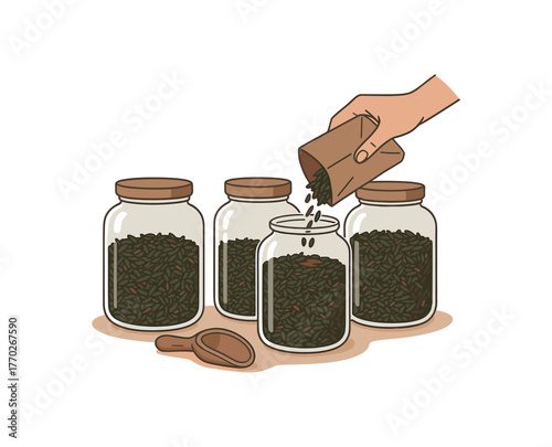 bulk tea jars refill culture and plastic free kitchen lifestyle flat vector illustration style isolated on white background