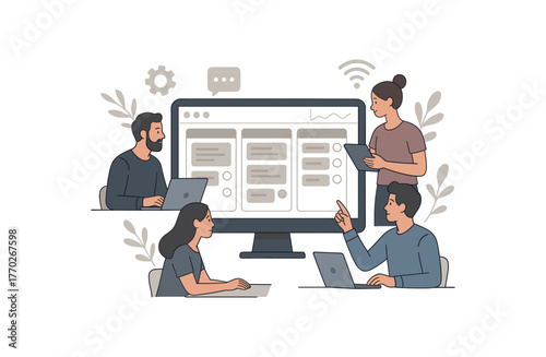 project management dashboard digital task planning and remote teamwork flat vector illustration style isolated on white background