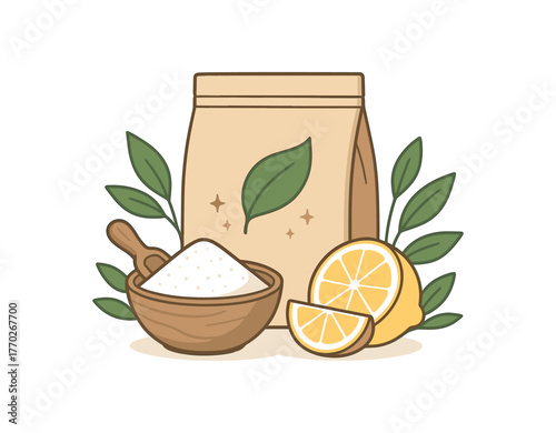 natural dishwashing powder eco home cleaning and zero plastic solution flat vector illustration style isolated on white background