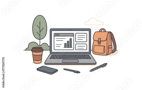 mobile work setup digital nomad lifestyle and remote productivity flat vector illustration style isolated on white background