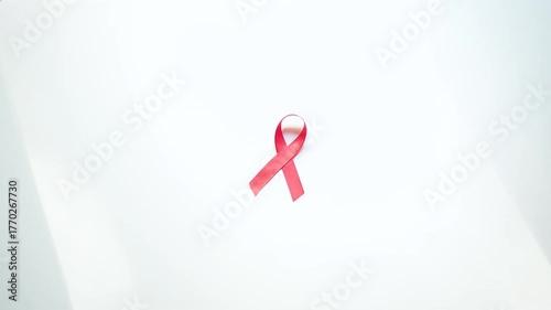 A hand carefully places a red ribbon on a white surface. Global emblem of AIDS awareness, HIV prevention, and health protection during December awareness month.