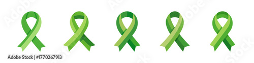 Five green awareness ribbons symbolizing environmental protection and hope